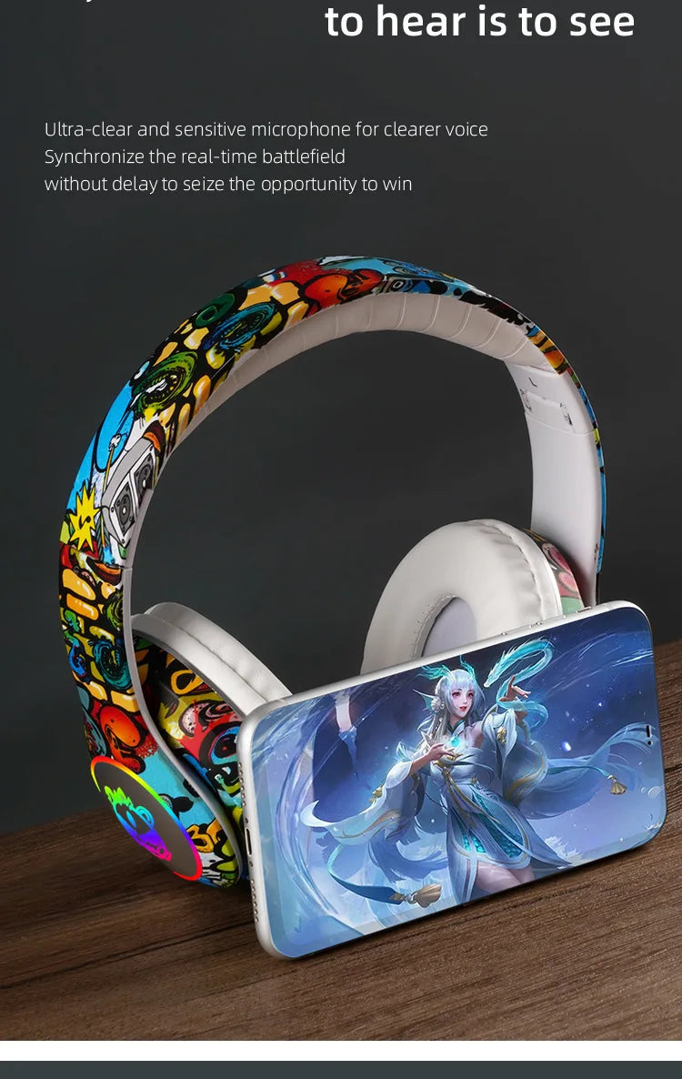 Nuovo headset gaming Bluetooth wireless Graffiti LX-8686 con microfono, luce LED, supporto per scheda TF, bassi profondi e cuffie over-ear per PC, gaming e bambini