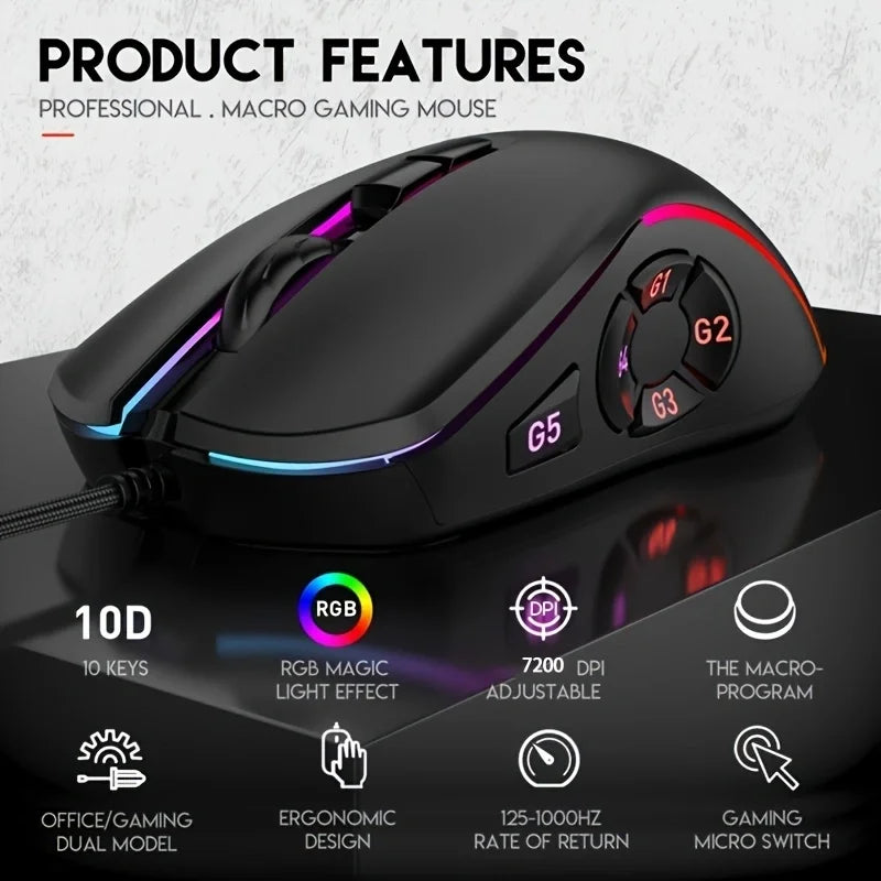Ratón gaming con cable RGB personalizable, programación macro de 10 teclas, para portátil y ordenador de sobremesa