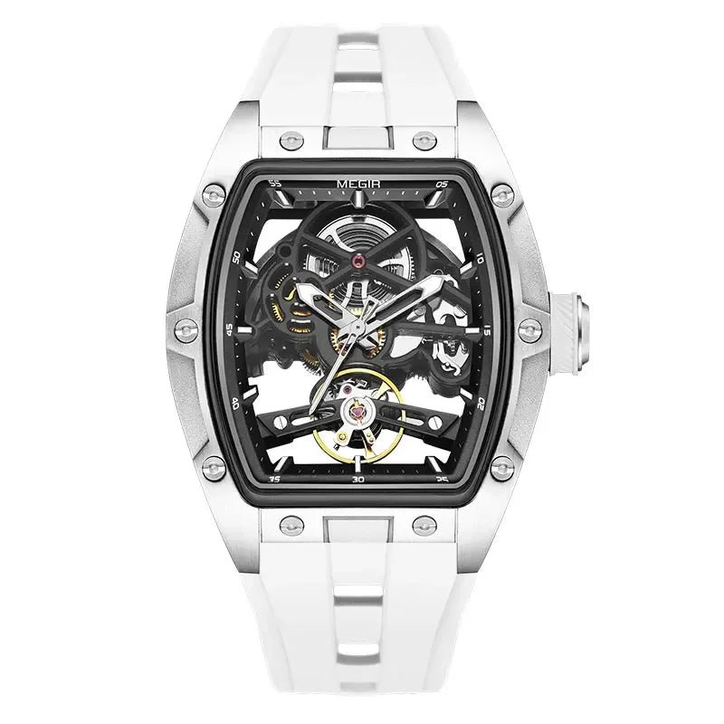 Orologio da polso automatico MEGIR da uomo, fashion, cinturino in silicone nero, impermeabile, luminoso, sportivo, meccanico, con quadrante tonneau 2242