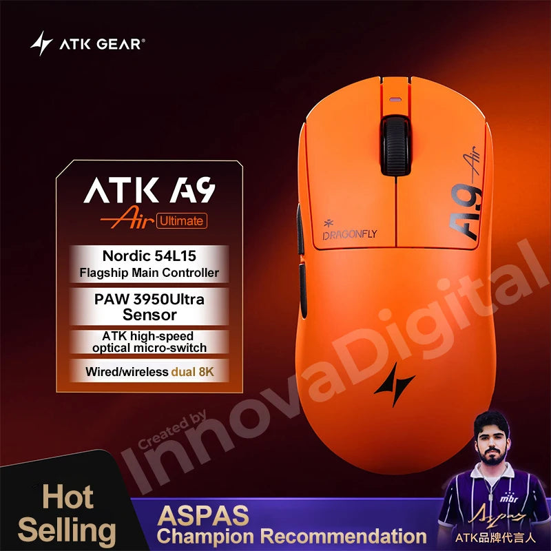 Mouse gaming wireless ATK Dragonfly A9 Ultimate A9 Air PAW3950 ultraleggero ergonomico e-sport per gamer FPS CSGO A9 Ultra