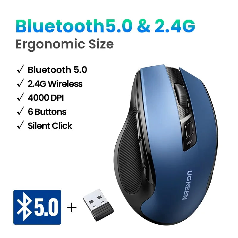 UGREEN bežični miš Bluetooth 5.0, ergonomski miš 4000DPI, 6 tihih tipki, miš za MacBook, tablet, prijenosna računala, računalo PC, 2.4G miševi