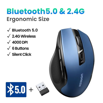 UGREEN bežični miš Bluetooth 5.0, ergonomski miš 4000DPI, 6 tihih tipki, miš za MacBook, tablet, prijenosna računala, računalo PC, 2.4G miševi