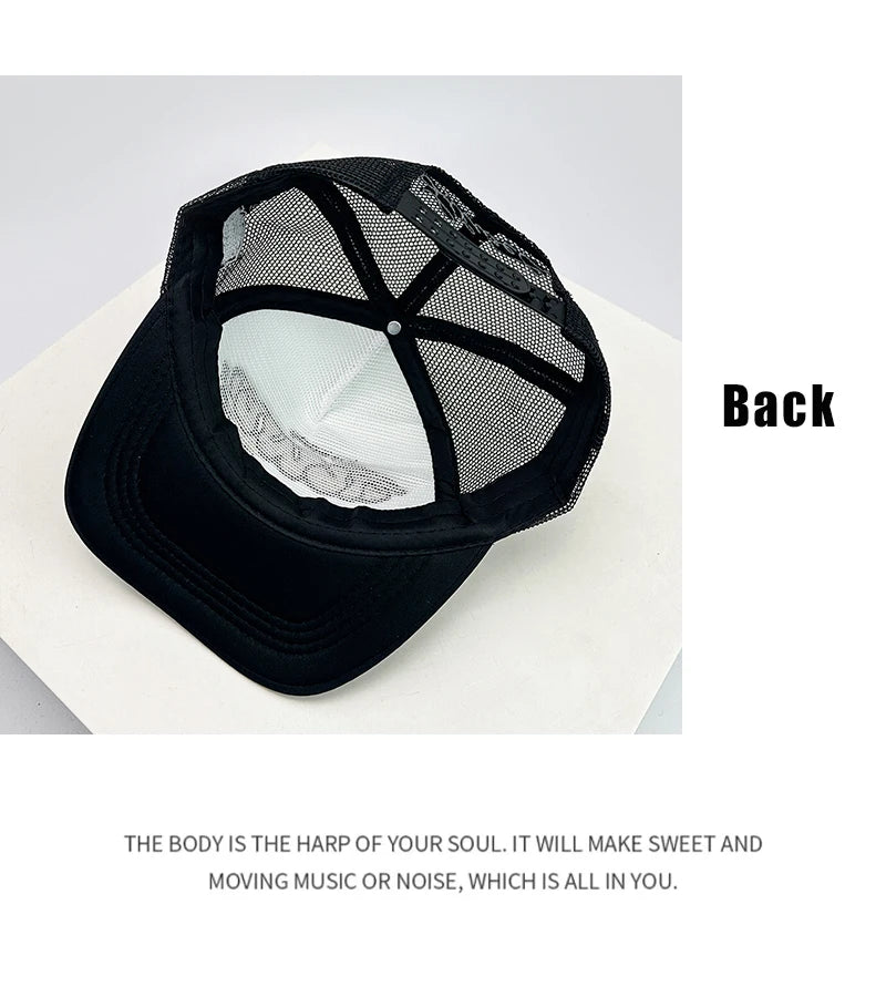 Gorras de béisbol unisex nuevas con bloques de color, letras estampadas y bordadas, estilo hip hop, malla transpirable, visera para el sol, tipo trucker streetwear, versátiles