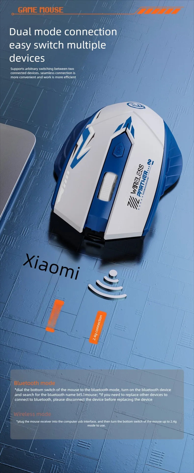 Ratón gaming inalámbrico 2.4G USB silencioso de doble modo Bluetooth recargable 1600DPI para ordenador, PC y portátil