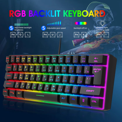 Teclado gaming, teclado ultracompacto de 61 teclas con retroiluminación RGB ruso/inglés, teclados de oficina resistentes al agua con sensación mecánica para gaming
