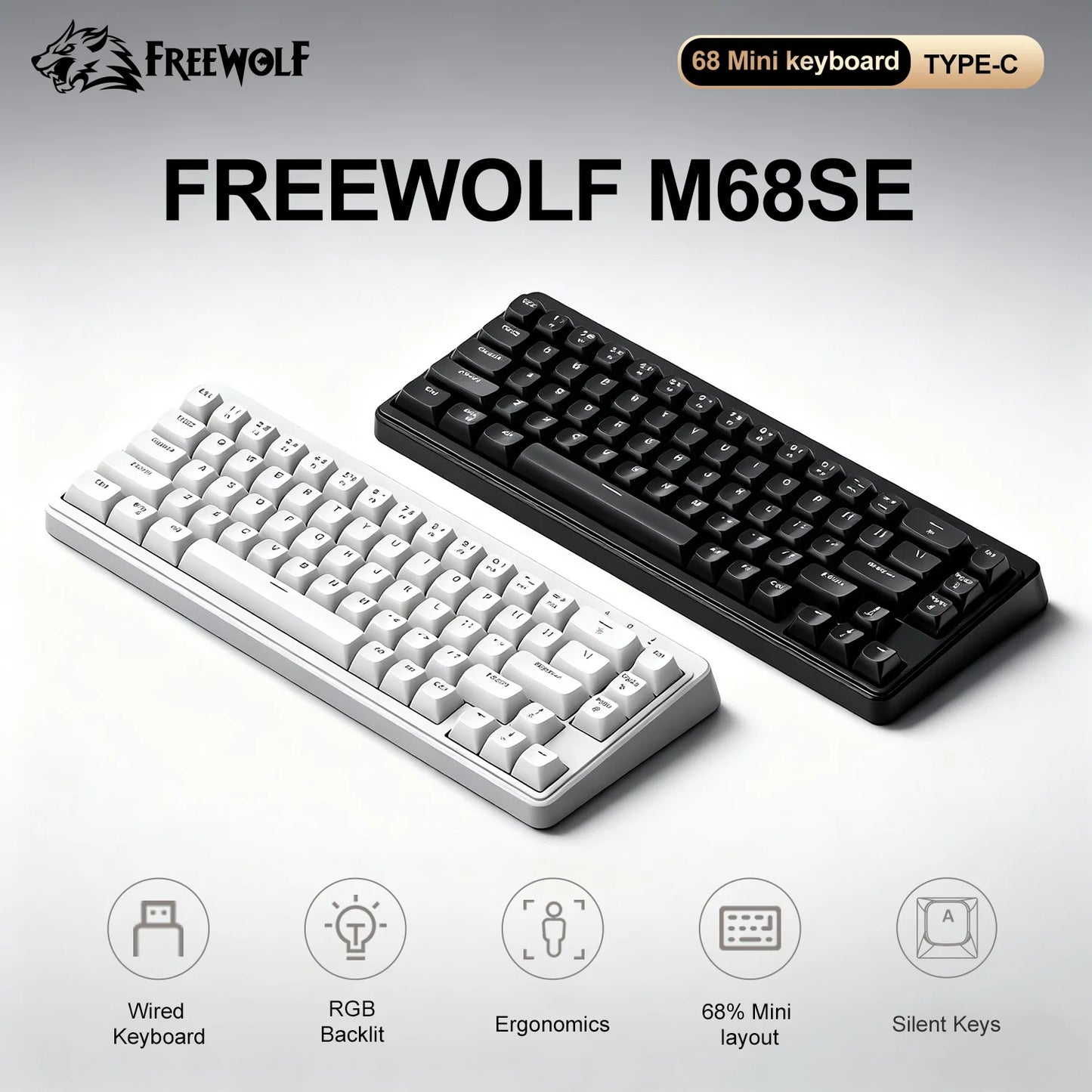 FREEWOLF M68SE 68% Mini Wired Keyboard RGB Backlit Silent Mechanical Feel Type-C Detachable Cable for PC Mac