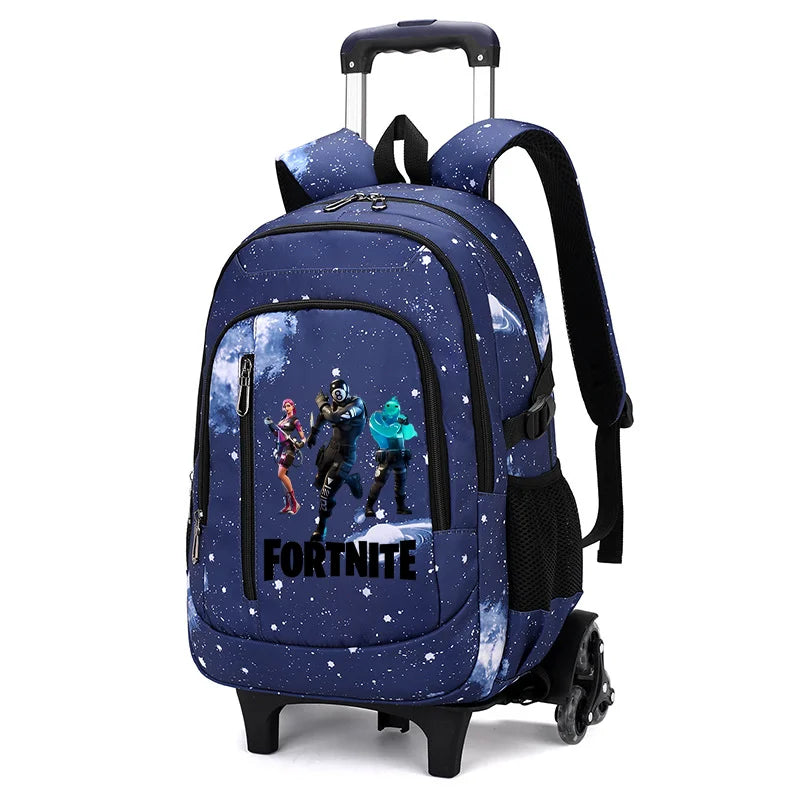 Mochila trolley 2 en 1 Fortnite con estampado de cielo estrellado, gran capacidad, impermeable, compartimento para portátil, diseño para subir escaleras, mochila escolar para estudiantes
