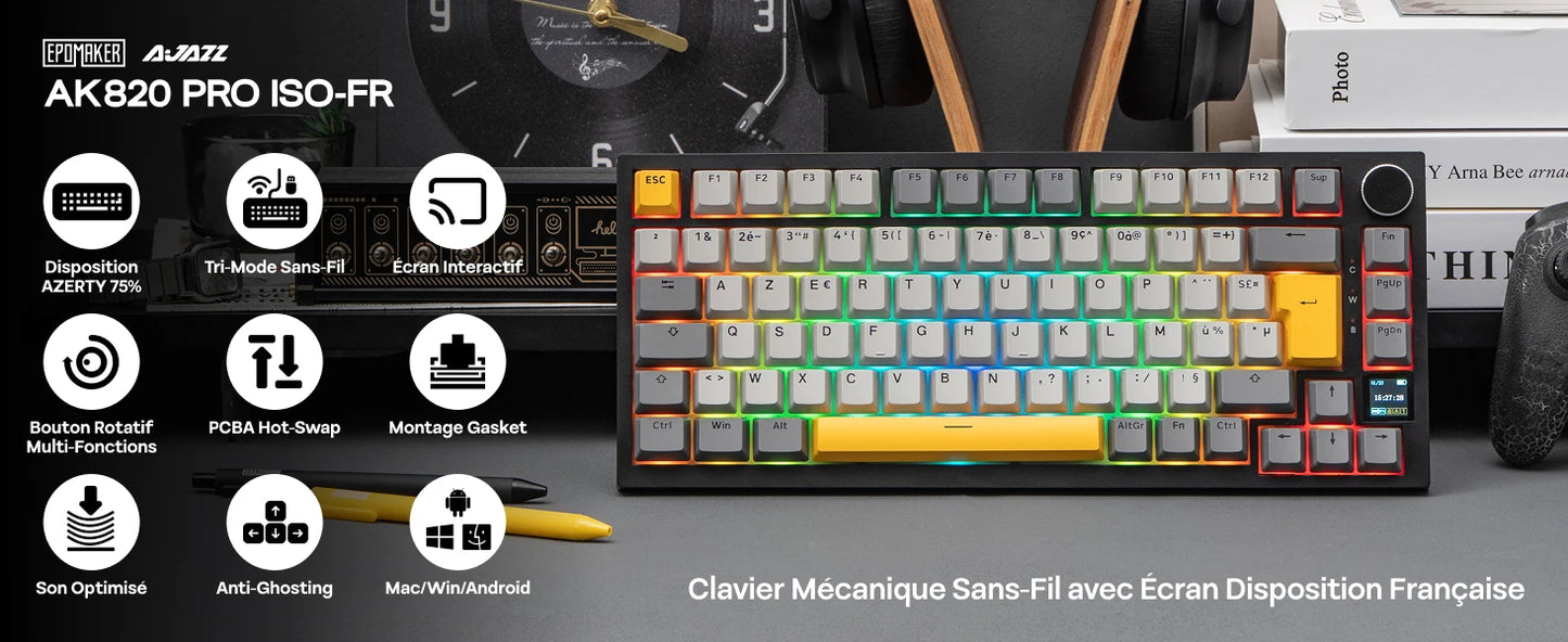 Layout ISO-FR EPOMAKER X AJAZZ AK820 PRO 75% AZERTY Francese Tastiera meccanica hot-swap cablata/BT/wireless 2.4GHz per Win/Mac/PC