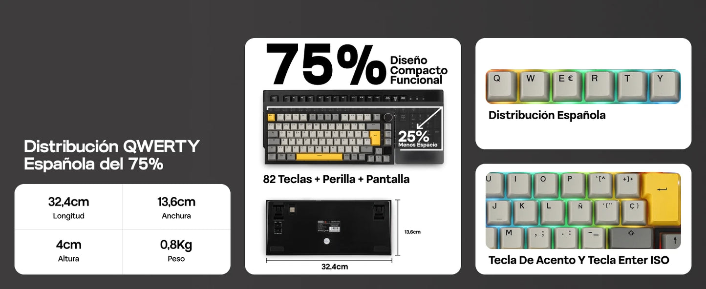 Distribución ISO-ES EPOMAKER X AJAZZ AK820 PRO 75% teclado mecánico con distribución española, cable/2.4GHz/BT, pantalla y perilla para Pc/Mac