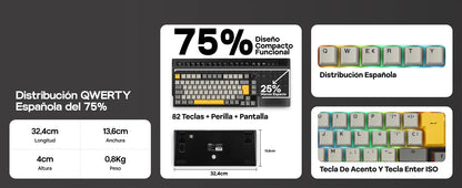 Distribución ISO-ES EPOMAKER X AJAZZ AK820 PRO 75% teclado mecánico con distribución española, cable/2.4GHz/BT, pantalla y perilla para Pc/Mac