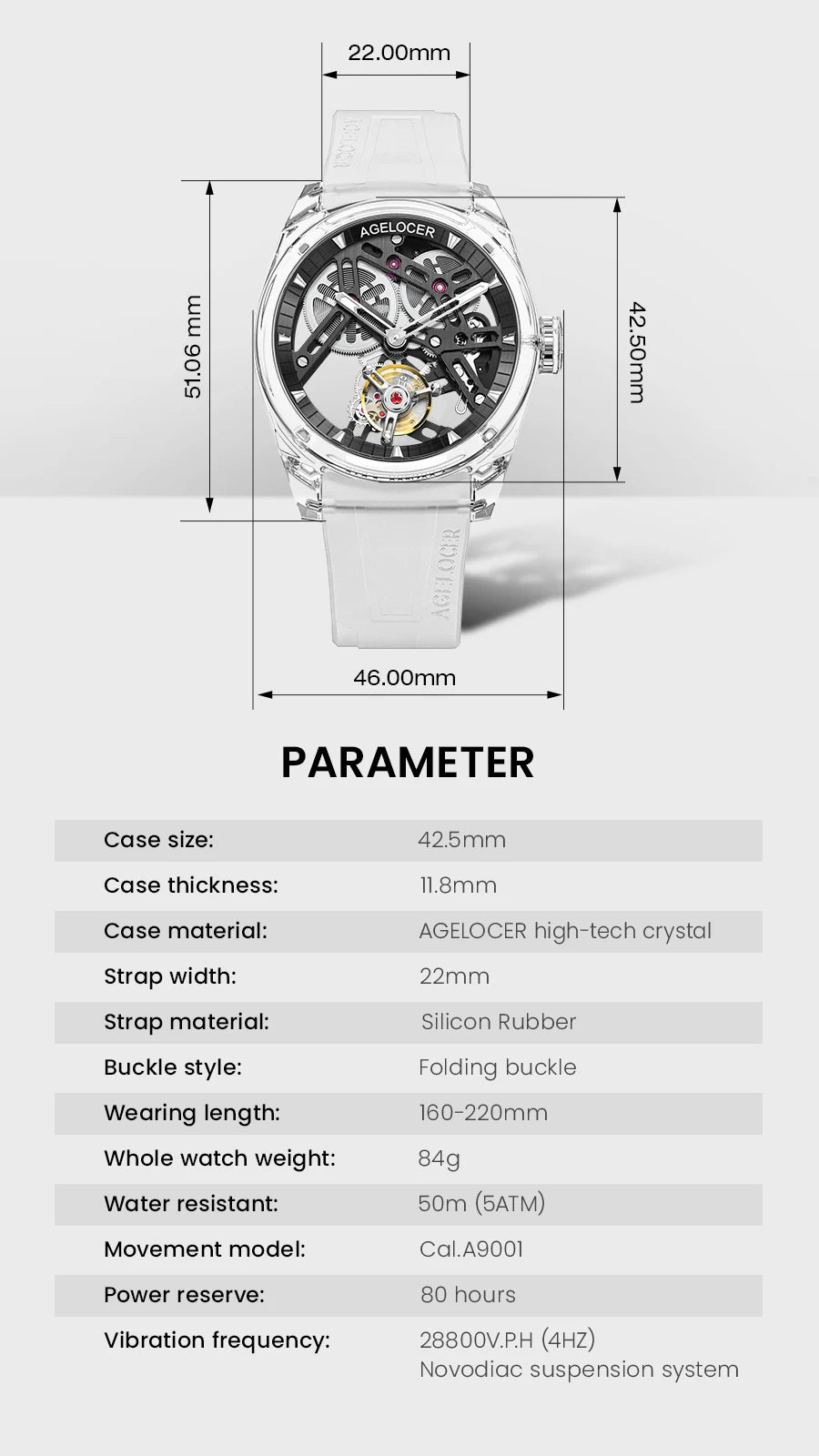Reloj AGELOCER de edición limitada «Ice Never Melts» con tourbillon de cristal de oscilación libre, reloj mecánico manual de lujo