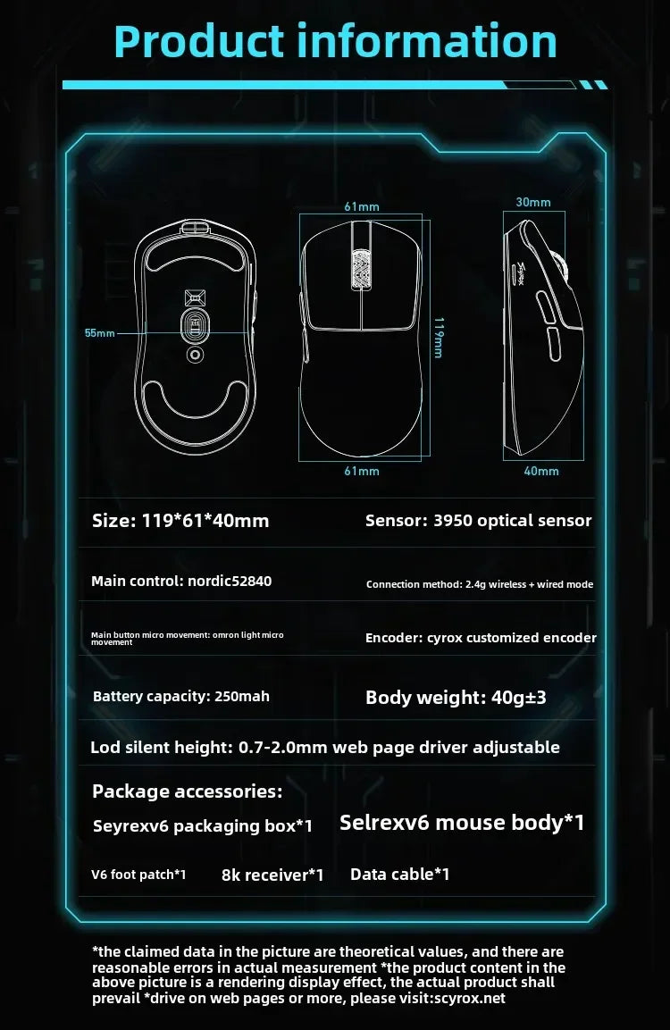 Mouse gaming wireless non poroso SCYROX V6 esports 40g 750IPS con ricevitore 8k, risposta rapida 3950, alta qualità 8KHz