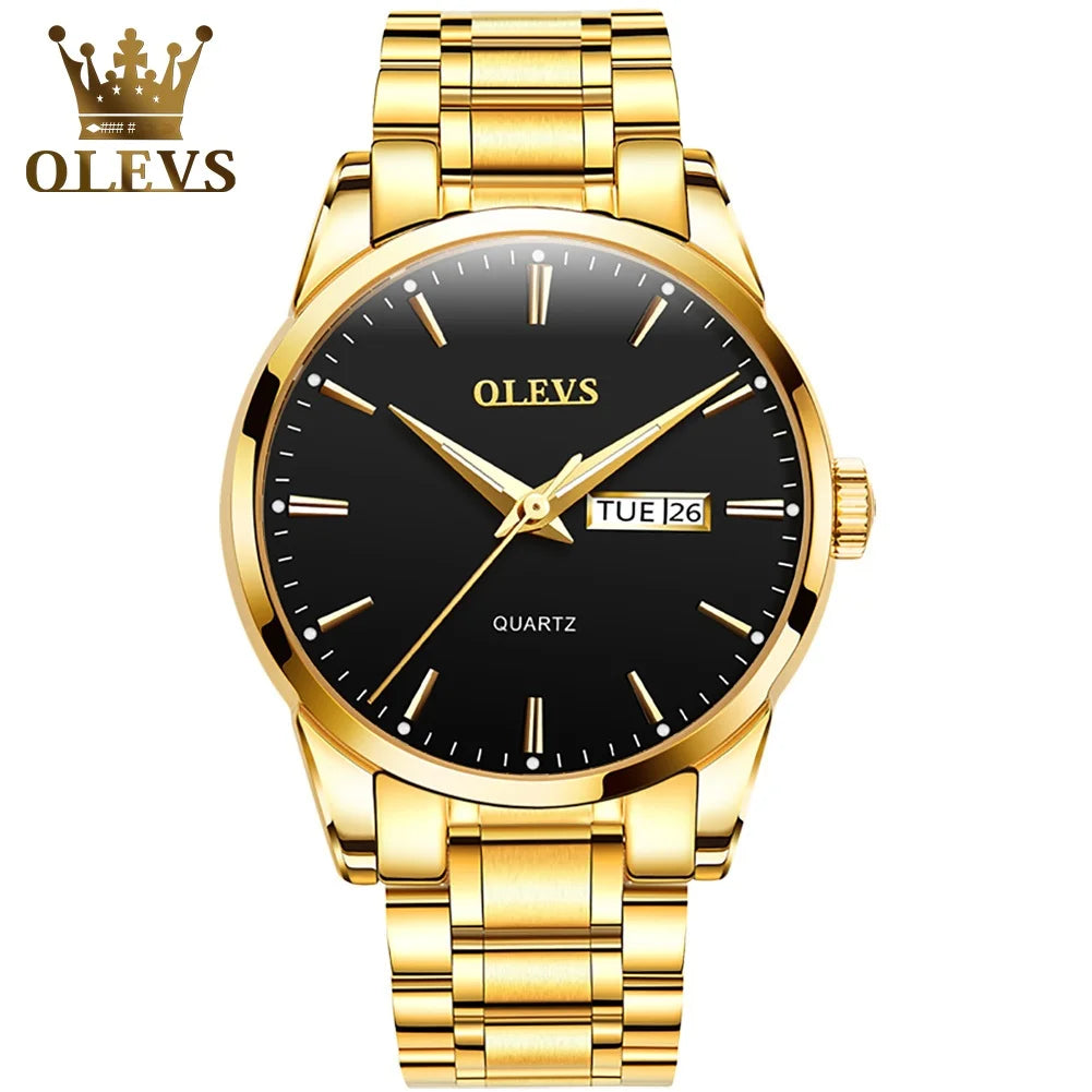 Relógio para homem OLEVS – Relógio de pulso de quartzo em aço inoxidável, estanque, dourado, elegante e luminoso, acessório de luxo para homem