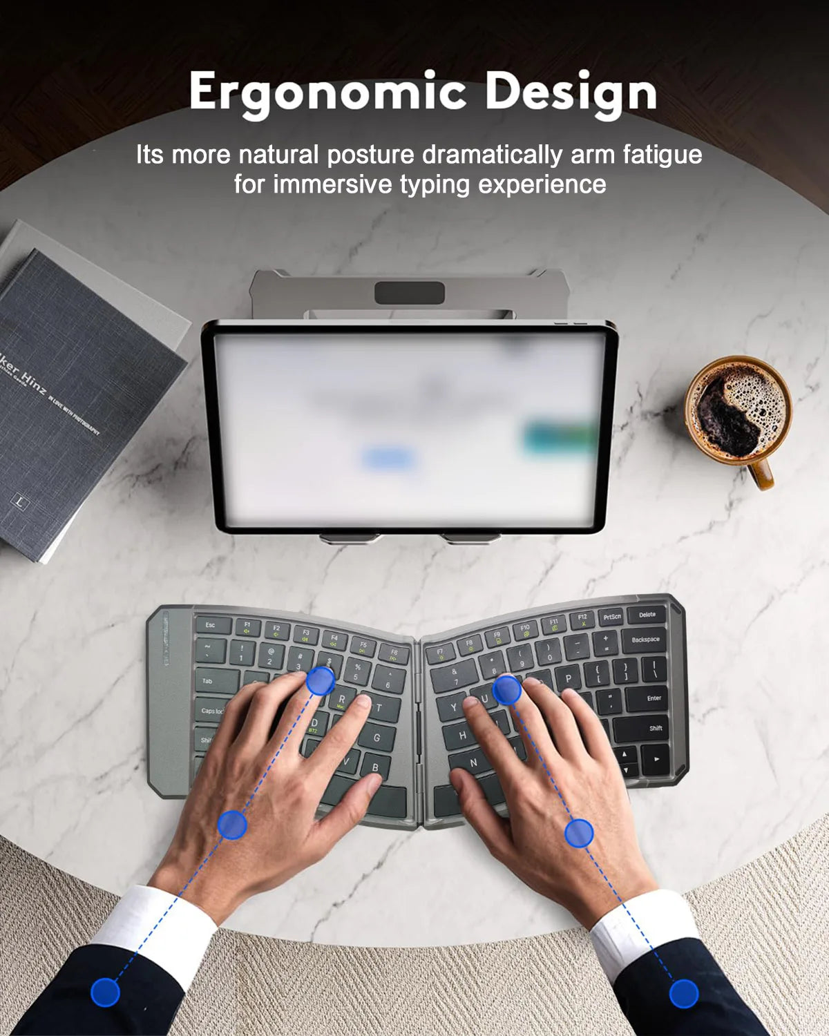 Tastiera Bluetooth ergonomica pieghevole, tastiera compatta divisa portatile per viaggi di lavoro, tastiera wireless pieghevole ricaricabile