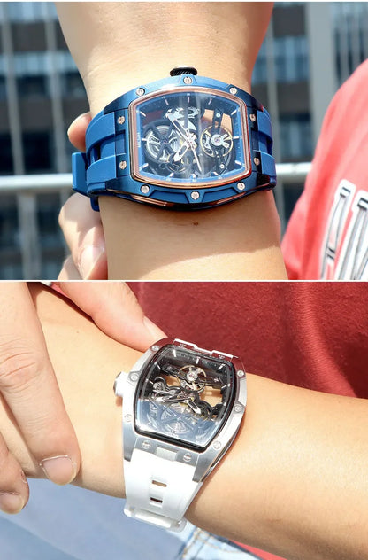 Orologio da polso automatico MEGIR da uomo, fashion, cinturino in silicone nero, impermeabile, luminoso, sportivo, meccanico, con quadrante tonneau 2242
