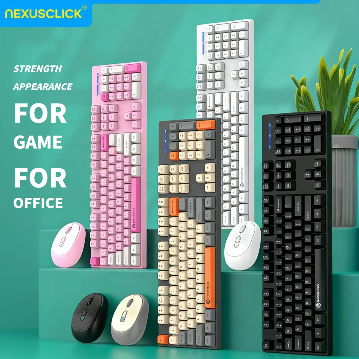 Set tastiera e mouse wireless NexusClick per gaming e ufficio, risparmio energetico intelligente, formato completo 104 tasti, 1600DPI regolabili, USB per laptop e PC