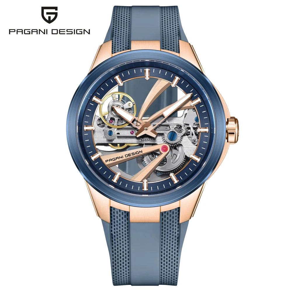 Pánske hodinky PAGANI DESIGN – Luxusný mechanický model s automatickým náťahom, typu „skelet“ (s otvoreným srdcom), vybavený tourbillonom, so zafírovým sklom s antireflexnou úpravou, vodotesné a luminiscenčné.