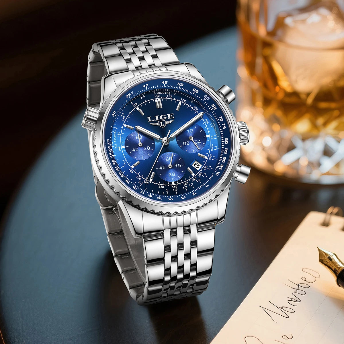 Relógio de luxo para homem LIGE – Cronógrafo com data, em aço inoxidável, estanque, luminescente, estilo desportivo e militar, relógio de quartzo para homem