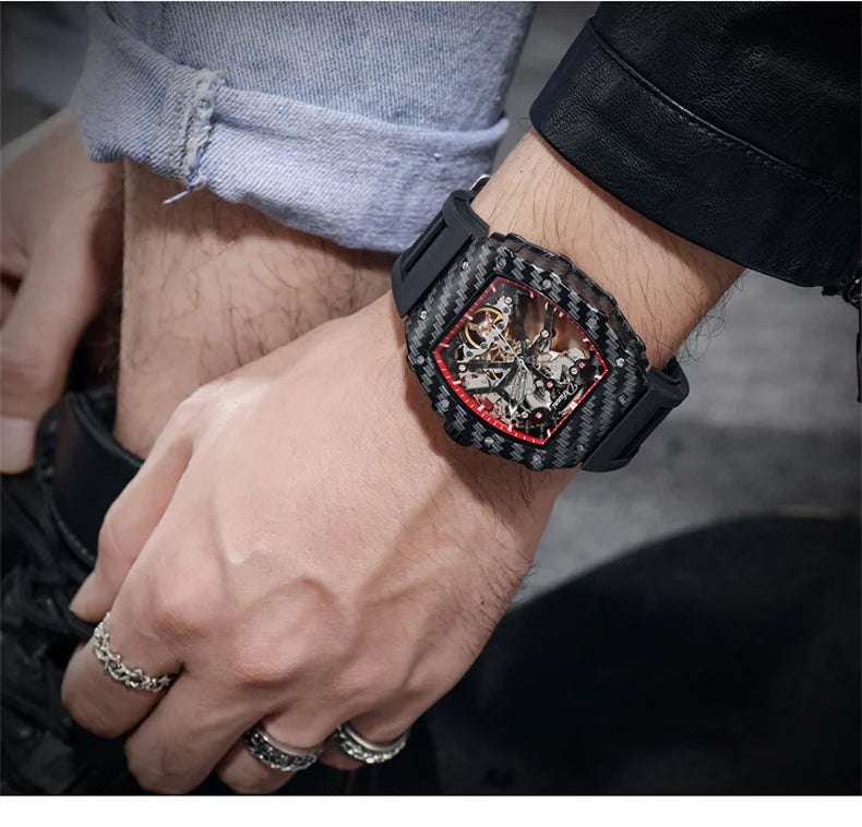 Mechaniczny zegarek Tourbillion dla mężczyzn, silikonowy pasek, szkieletowa koperta tonneau, automatyczne zegarki męskie, luksusowa topowa marka, reloj hombre