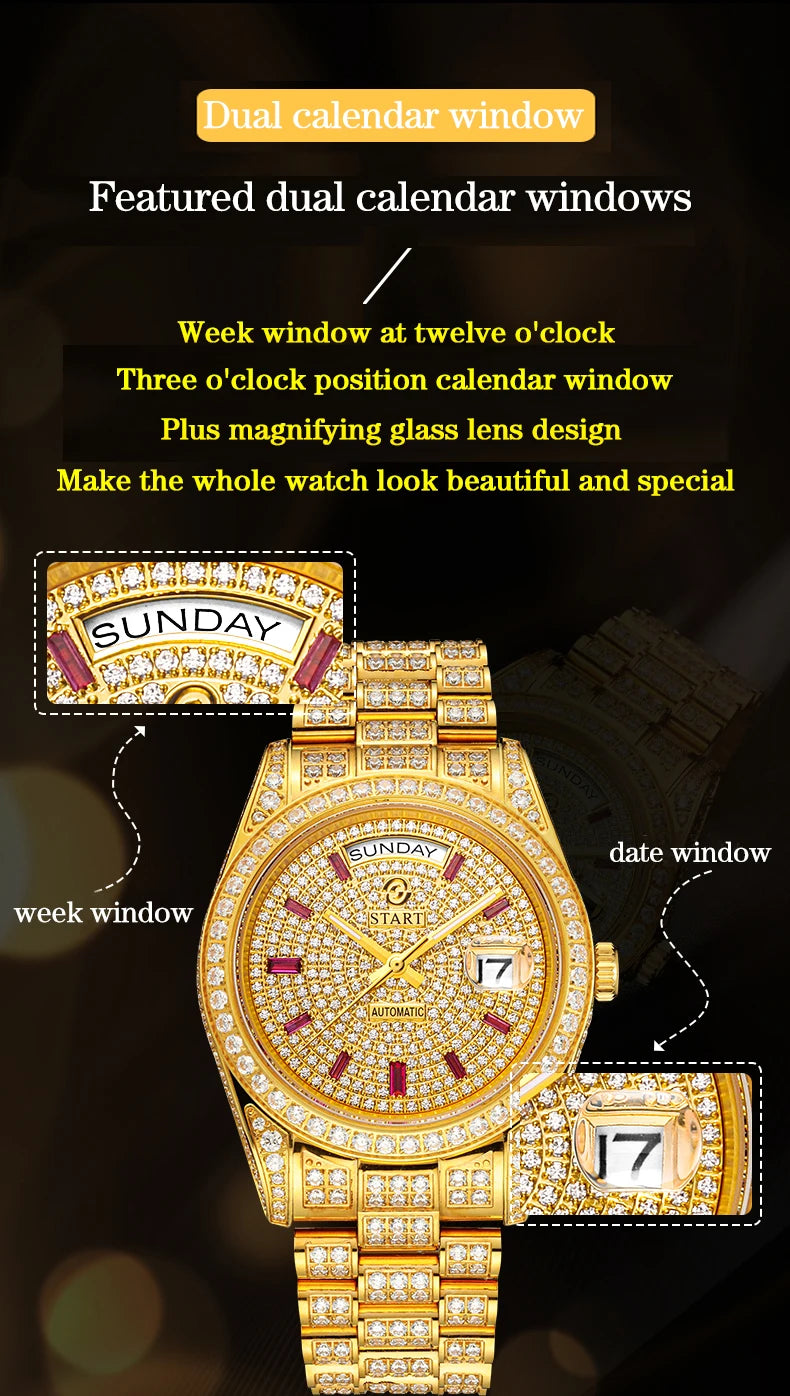 【START】Men's Watch Swiss Automatic Mechanical Movement Diamond Watch Waterproof Date Week Function Golden Watch