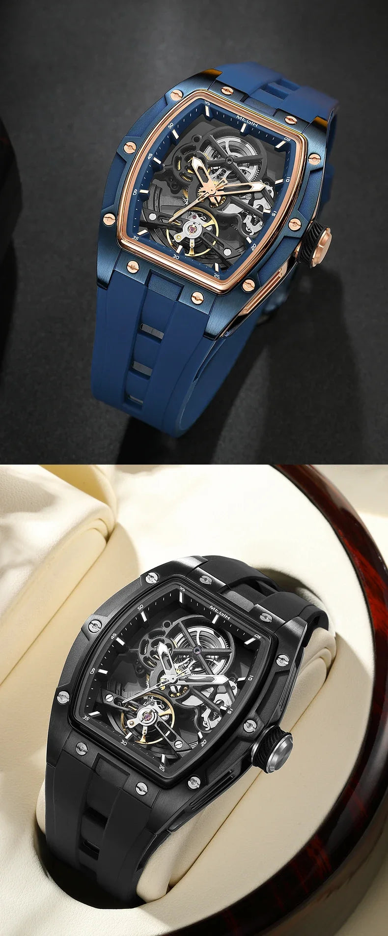 Orologio da polso automatico MEGIR da uomo, fashion, cinturino in silicone nero, impermeabile, luminoso, sportivo, meccanico, con quadrante tonneau 2242