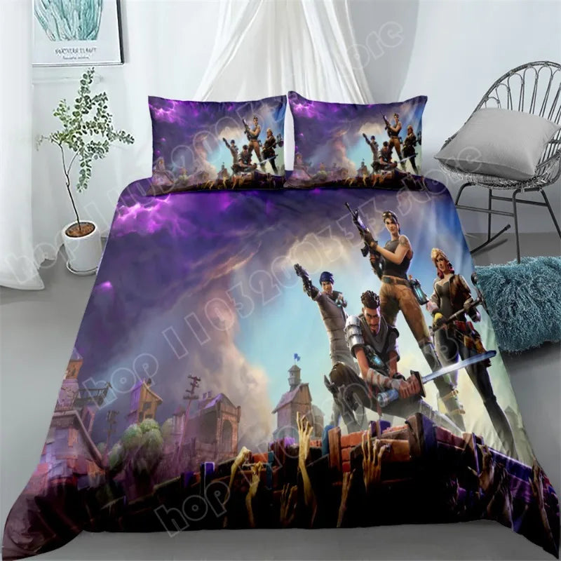 Juego de cama Fortnite de 3 piezas, ropa de cama para dormitorio con estampado 3D, diseño de videojuego y dibujos animados, funda nórdica y funda de almohada decorativas, regalo de cumpleaños