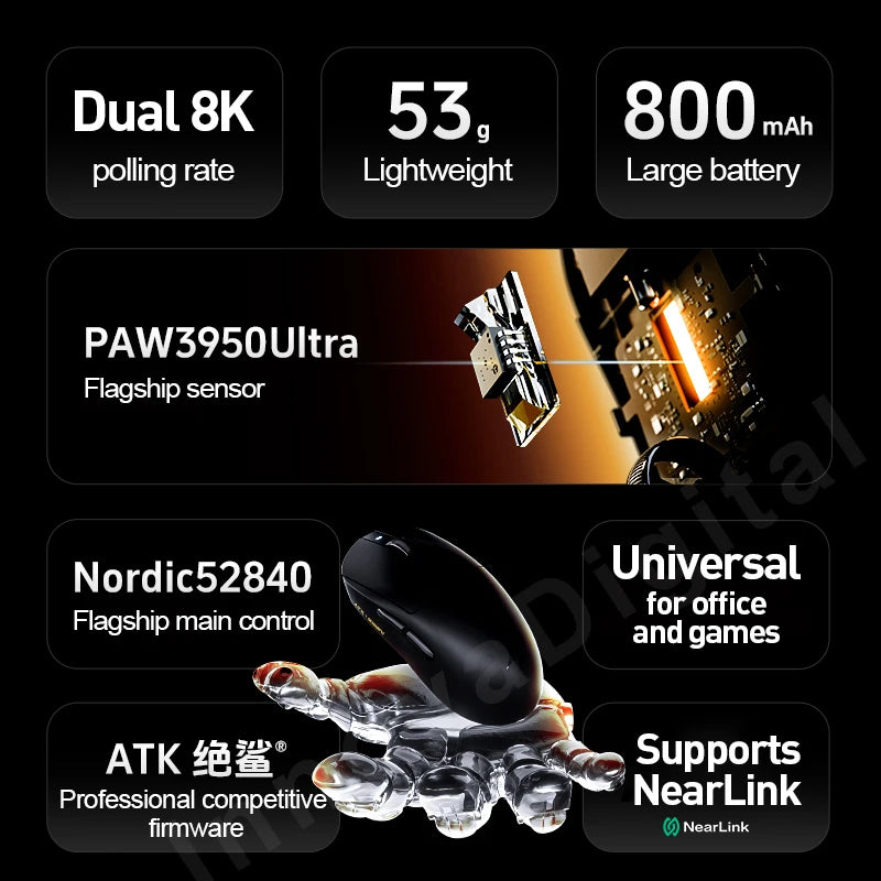 Mouse gaming wireless ATK Dragonfly A9 Ultra PAW3950 ultraleggero tri-mode ergonomico e-sport per gamer FPS A9 SE Plus