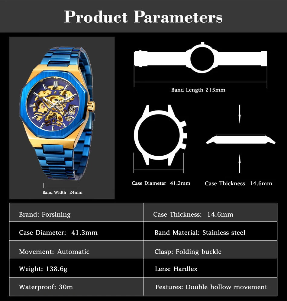 FORSINING 344D Top Brand Luxury Skeleton Automatic Mechanical Men's Watch Hollow Design Luminous Stainless Steel Strap Clock Men