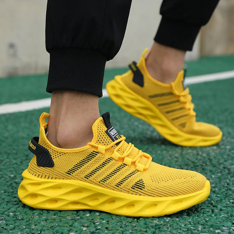 Unisex herresneakers – komfortable, åndbare løbesko til par, kvinder, tennis og sport, størrelse 37-47, gule vandresneakers