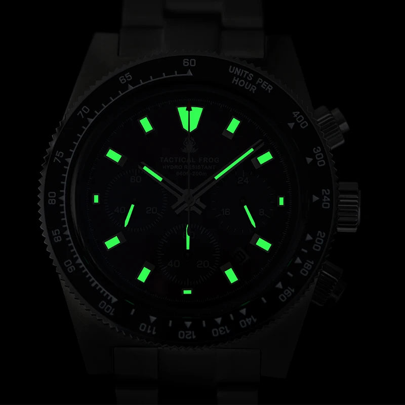 Tactical Frog V2 Solar Chronograph Men's Watch Sapphire Crystal Mirror Ceramic Bezel VS75A Eco-Drive Quartz 20Bar Waterproof Watch