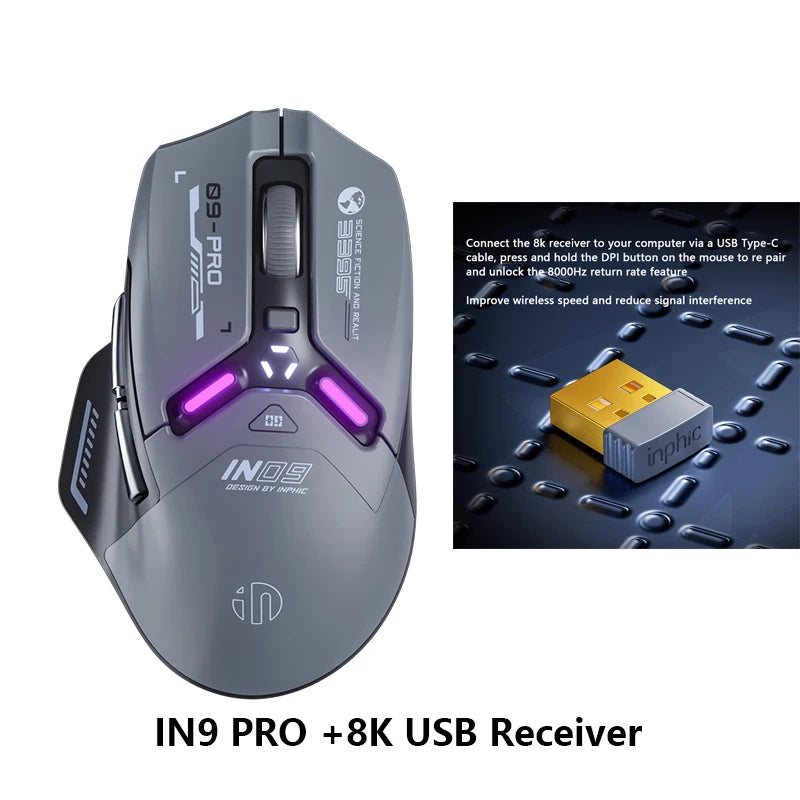 Inphic IN9PRO belaidė žaidimų pelė, 26000DPI, 8K apklausos dažnis, Bluetooth 5.0, laidinė, 2.4G, trijų režimų RGB ergonominė žaidimų pelė