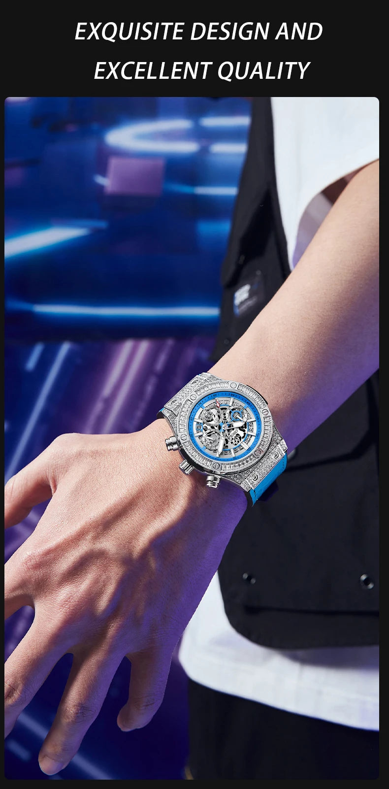 ONOLA Luxury Style Diamond Inlaid Men Quartz Watch Leather Strap Calendar Men Watch 30M Waterproof Men Clock