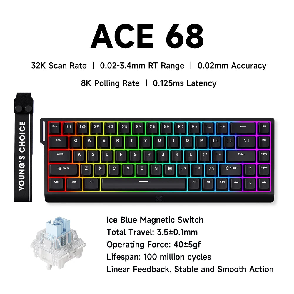 Tastiera gaming MCHOSE ACE 68 con switch magnetici Hall Effect, Rapid Trigger, RGB programmabile, 8K Hz, DKS/MT/TGL/RS/SOCD