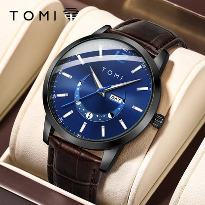 Relógio de quartzo TOMI, estilo empresarial e elegante, com bracelete em pele, caixa em liga metálica e mostrador com ponteiros – Design de alta qualidade, ideia de presente para homem