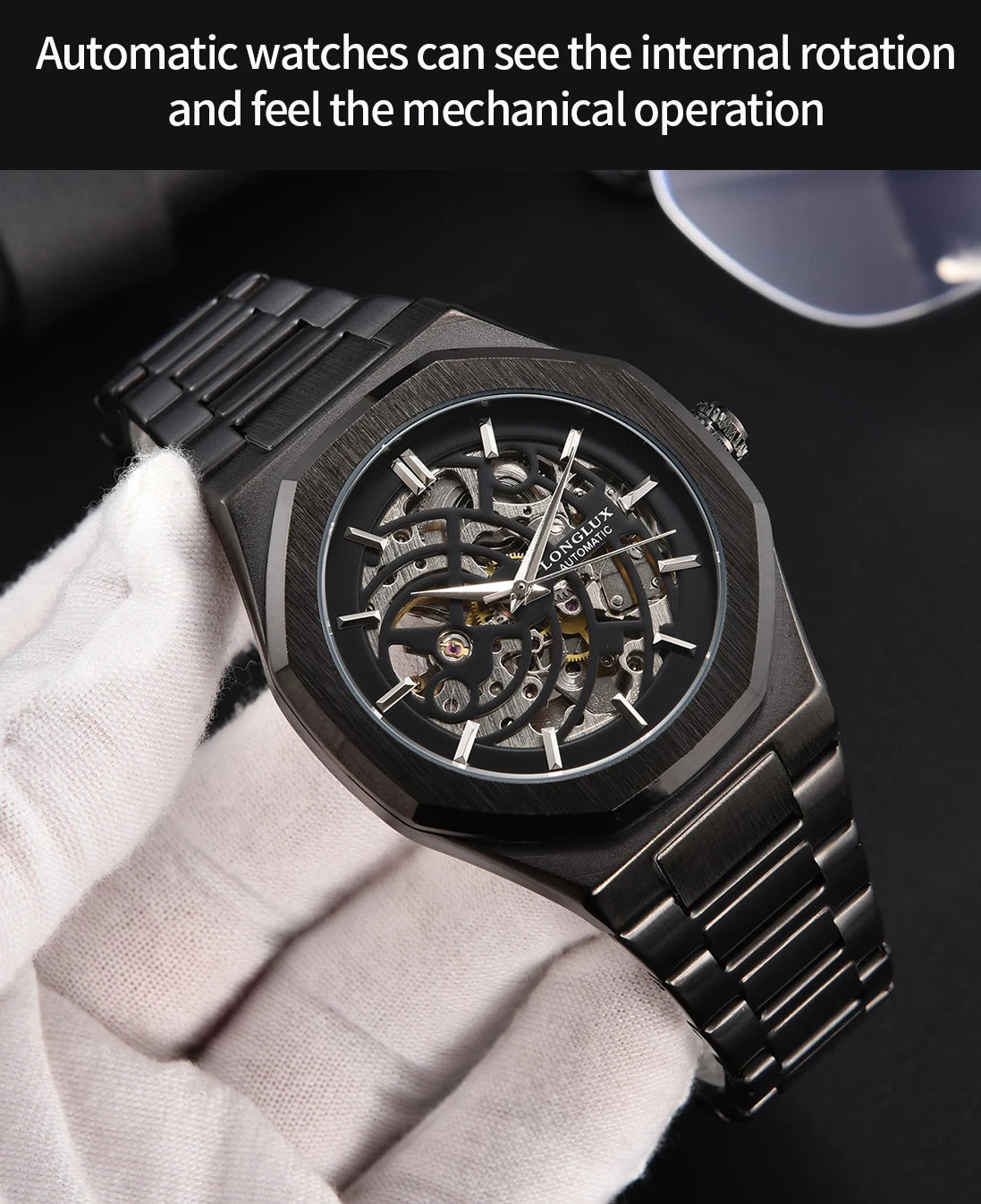 LONGLUX automatic watch business mechanical watches simple skeleton waterproof stainless steel cost effective mens watch gift