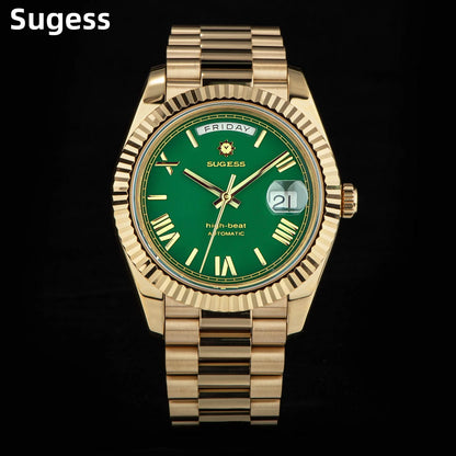 Sugess Watch Mens 40mm Date Day Automatic Dandong Peacock SL3034 Movement Retro Mechanical Wristwatch Sapphire Glass Golden New