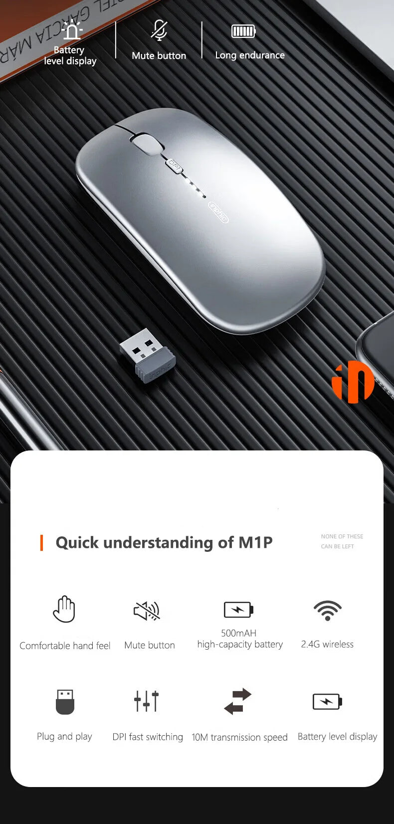 Inphic M1P Wireless Silent Office Mouse Ultra-Thin Portable USB Interface Battery Power Display TYPE-C Charging Wireless Mouse