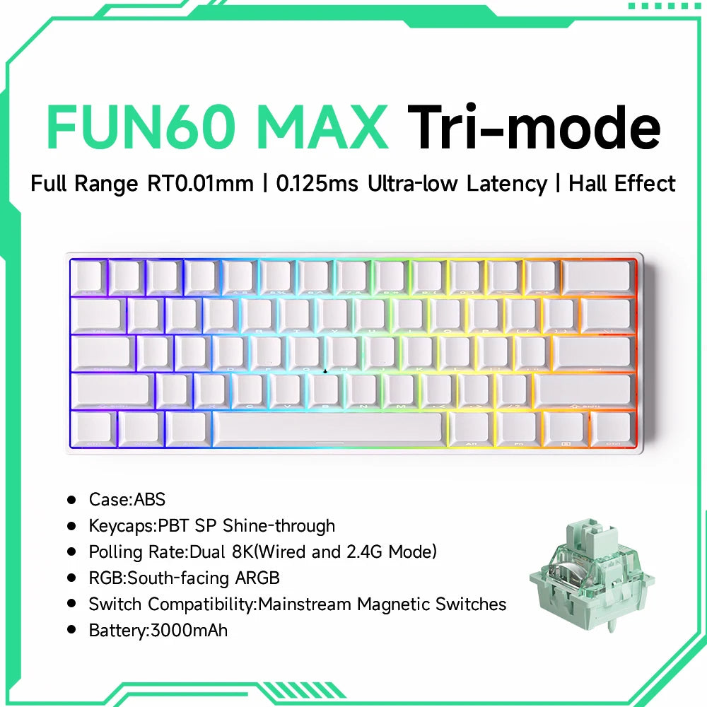 MONSGEEK FUN60 PRO&MAX HE Tastiera meccanica con switch magnetici 60% wireless da gaming, Rapid Trigger 8K ARGB, tastiera personalizzata