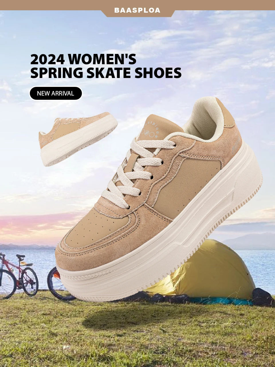 Baasploa Women Platform Sneakers Fashion Leather Casual Thick Soled Shoes for Women Comfort White Skateboarding Shoes Non-Slip