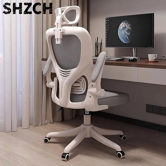 Chaise de bureau ergonomique avec support lombaire réglable, dossier haut en maille, pivotante, pour ordinateur et jeux, accoudoirs inclinables, blanc et noir