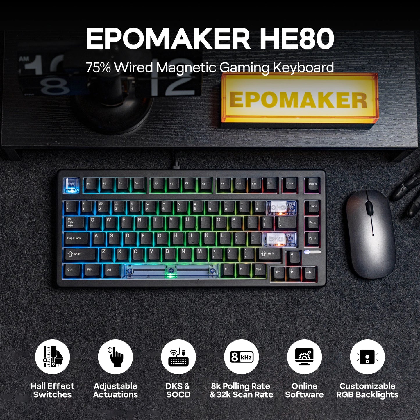 Teclado mecánico magnético EPOMAKER HE80 75% con distribución US QWERTY, hot-swap, gasket creamy, cableado, efecto Hall, DKS SOCD para PC/Mac