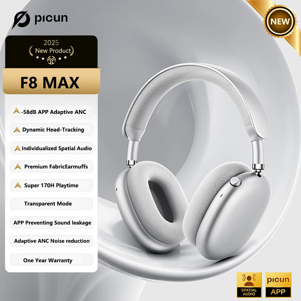 Cuffie wireless Picun F8MAX ANC, cancellazione attiva del rumore ibrida 59dB, audio spaziale, auricolari Bluetooth 6.0, headset over-ear 180H