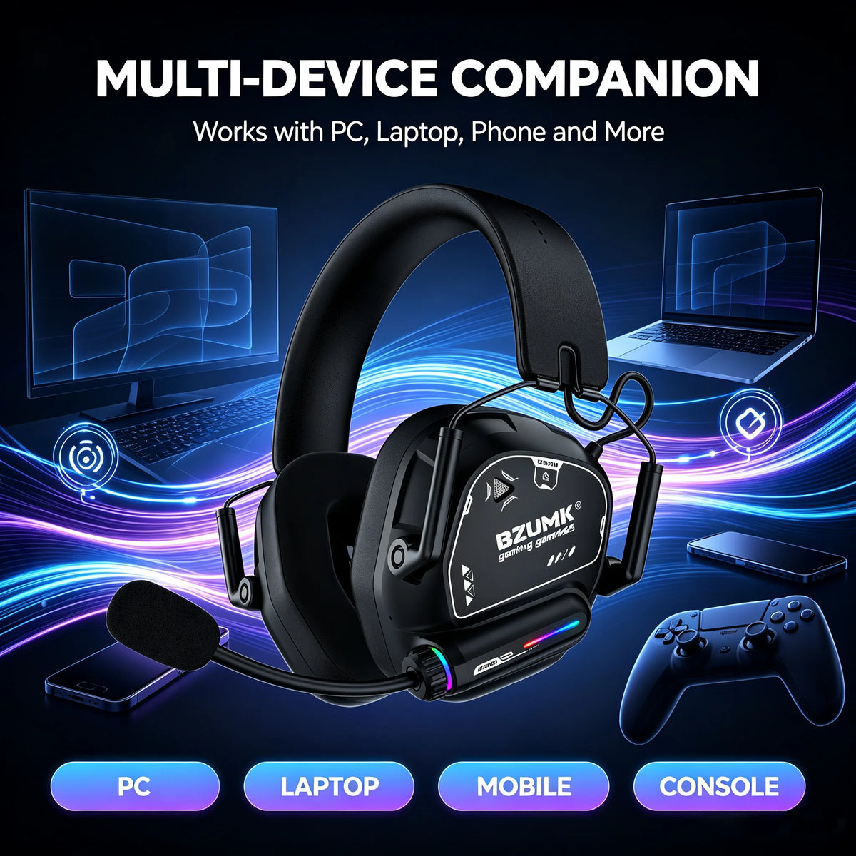 Casque de jeu sans fil BZUMK, écouteurs circum-auraux Bluetooth à faible latence avec micro, basses profondes, 50 mm, RGB, pour PC, PS4, PS5, ordinateur portable, gamer
