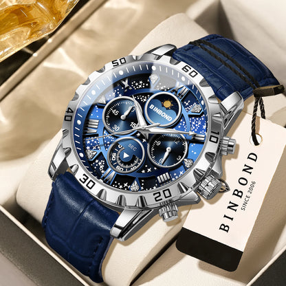 Relógio de pulso de quartzo BINBOND, autêntico e preciso, para homem, cronógrafo luxuoso, resistente à água e com luz, com bracelete em pele.