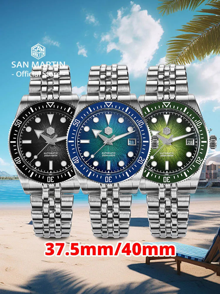Relógio de mergulho masculino San Martin 37.5mm 40mm Miyota 9015 com mostrador esmaltado, relógio de pulso mecânico automático de luxo, resistente à água 200m SN0148