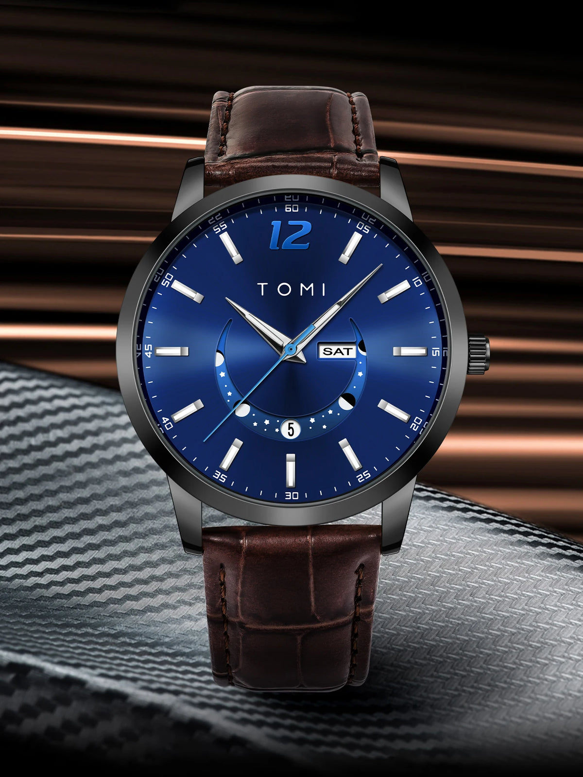 Relógio de quartzo TOMI, estilo empresarial e elegante, com bracelete em pele, caixa em liga metálica e mostrador com ponteiros – Design de alta qualidade, ideia de presente para homem
