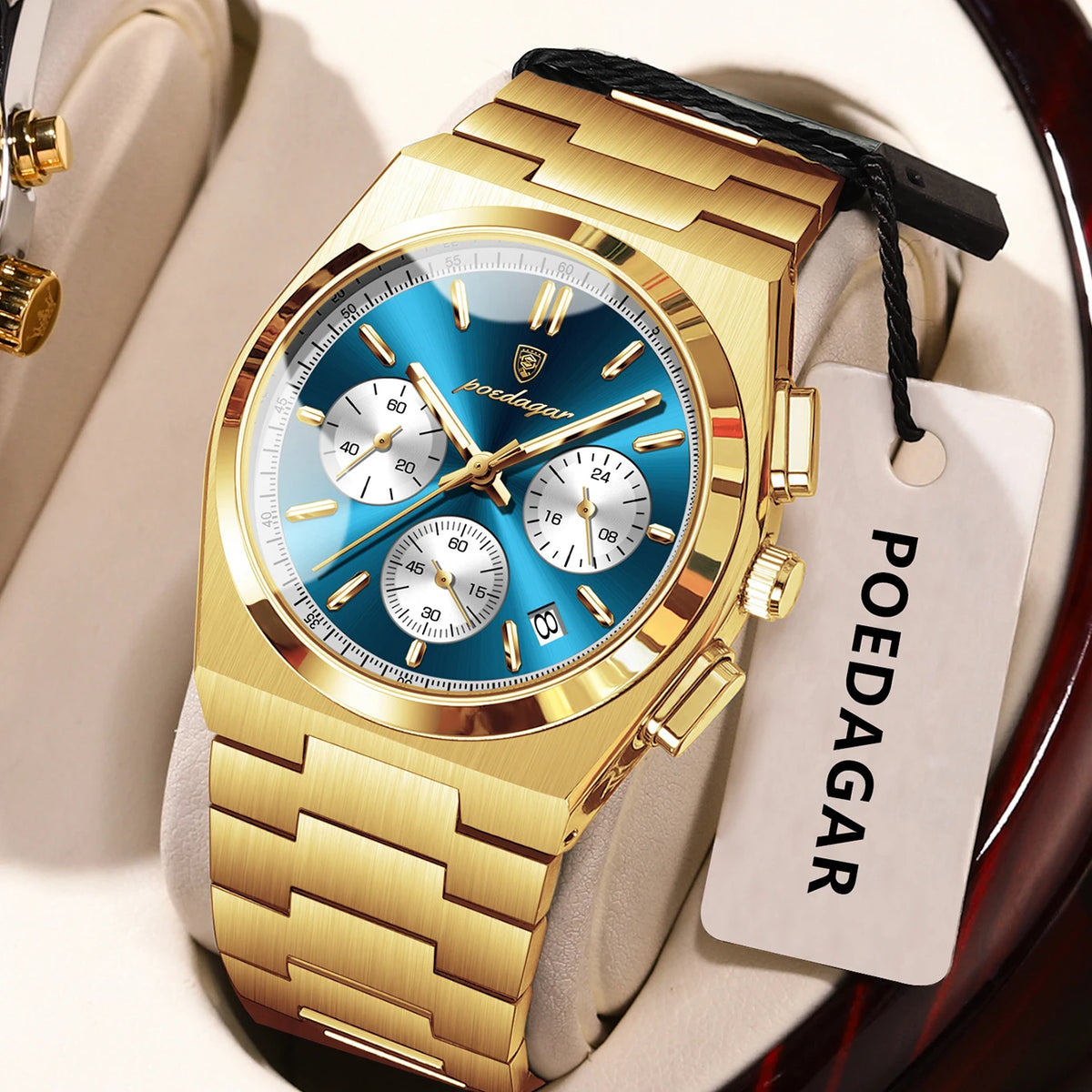 Reloj para hombre POEDAGAR: cronógrafo de lujo de acero inoxidable, con fecha, resistente al agua y luminiscente; reloj de pulsera deportivo de cuarzo