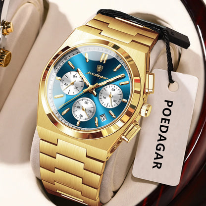 Reloj para hombre POEDAGAR: cronógrafo de lujo de acero inoxidable, con fecha, resistente al agua y luminiscente; reloj de pulsera deportivo de cuarzo