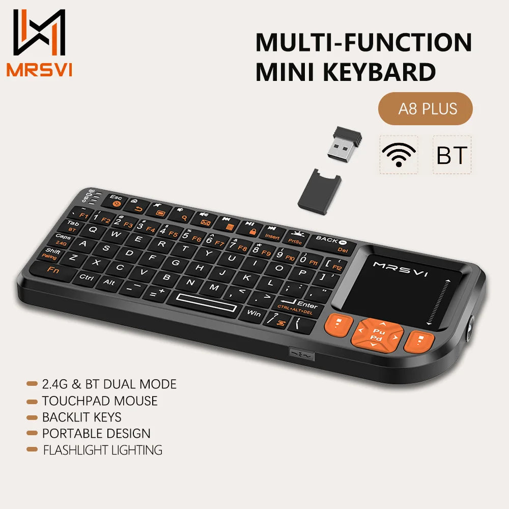 MRSVI Mini Tastiera Bluetooth A8 PLUS, tastiera wireless retroilluminata 2.4GHz con touchpad per Android TV Box, Mac, laptop, Windows