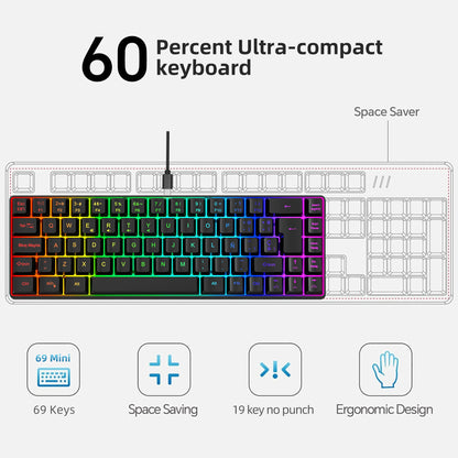 Offerta imperdibile! Tastiera gaming cablata spagnola a 69 tasti con retroilluminazione RGB, design compatto 68%, un accessorio indispensabile per professionisti e gamer
